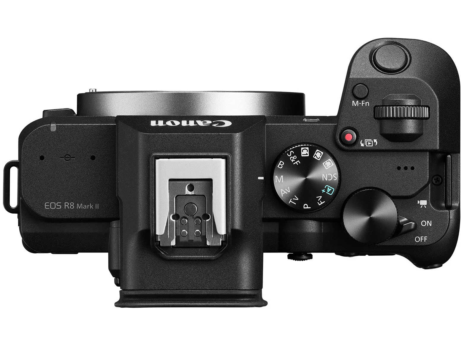 Вигляд зверху чорної бездзеркальної камери Canon EOS R8 Mark II, що показує диск вибору режимів, кнопку спуску затвора та гарячий черевик.