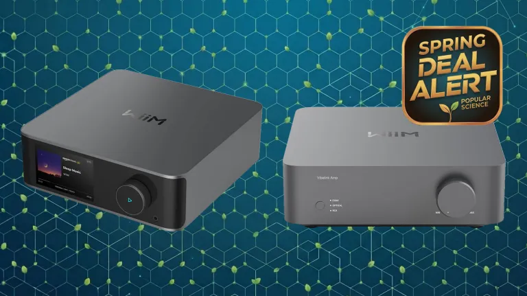 A WiiM Ultra streamer and WiiM Vibelink amplifier on an Amazon Prime Big Spring Sale background