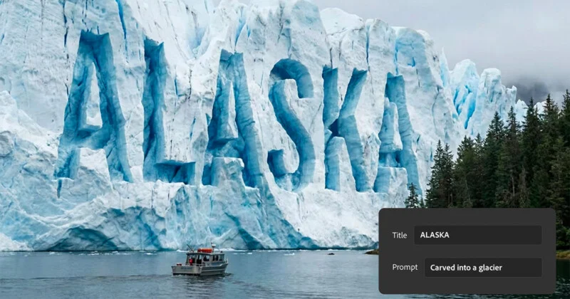 Маленький човен пливе по воді перед величезним льодовиком зі словом "ALASKA", висіченим на його крижаній поверхні.