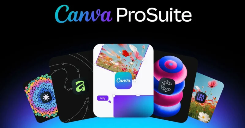 Напис «Canva ProSuite» з’являється над п’ятьма різнокольоровими прямокутними картками, що відображають різноманітні елементи графічного дизайну та іконки програм.