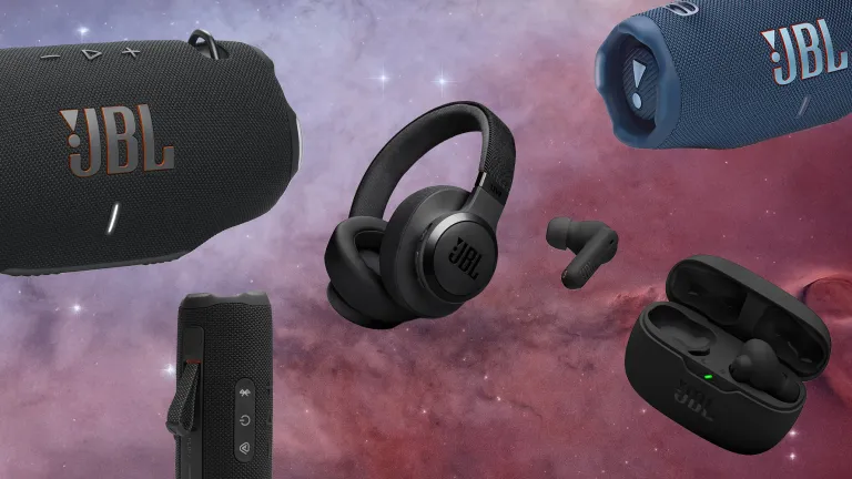 Колаж портативних Bluetooth-колонок та навушників JBL на космічному тлі для акції Amazon Prime Day 2026.