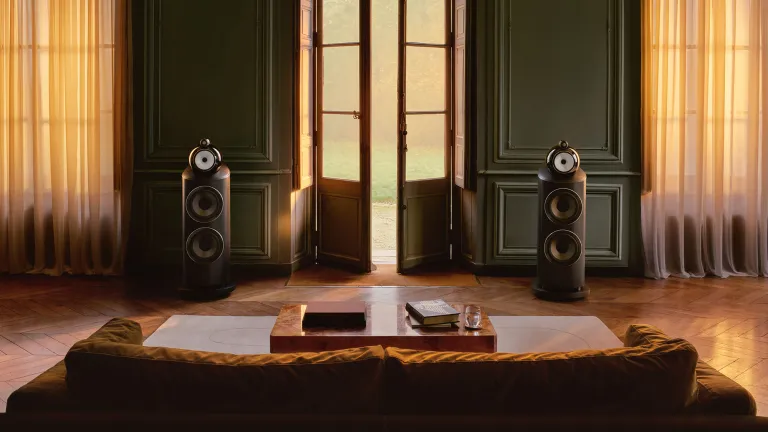 Bowers & Wilkins 801 D5 in Dark Walnut in a luxury living room