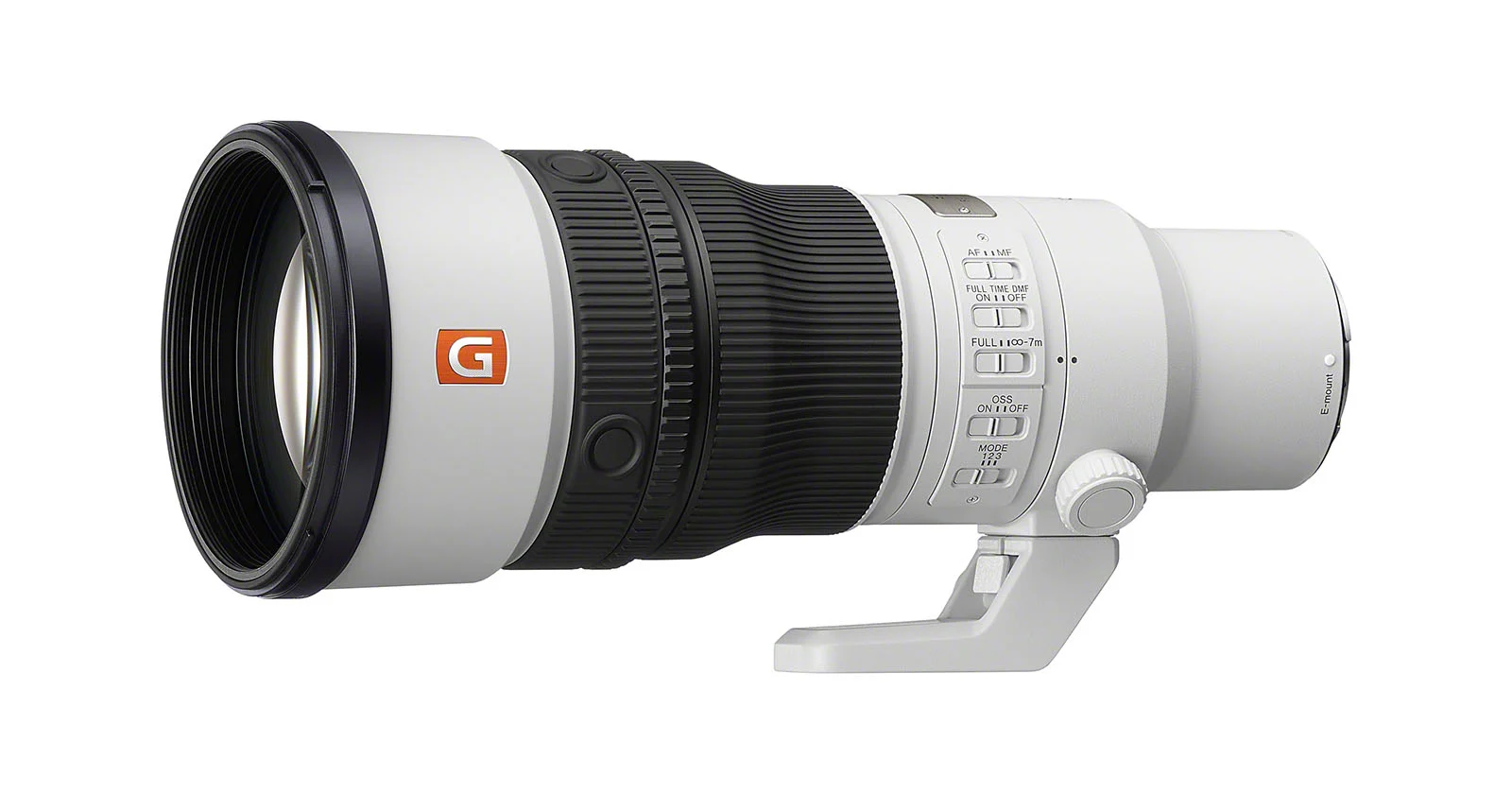 Білий телеоб'єктив Sony G-Master на білому тлі.