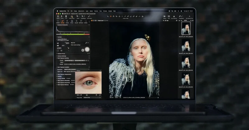Екран ноутбука з інтерфейсом програми Capture One, що показує портрет блондинки та інструмент фокусування на її очах.