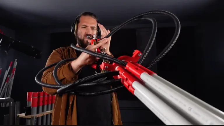 Inventor demonstrating modified trumpet invention