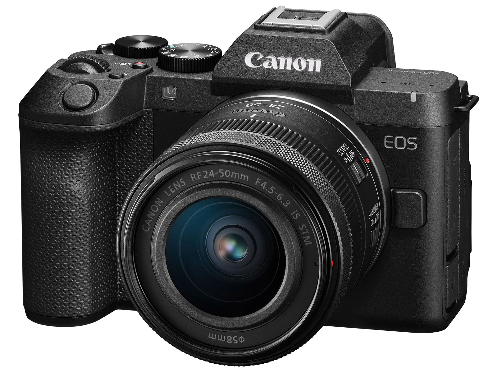 Чорна бездзеркальна камера Canon EOS R8 Mark II з приєднаним об'єктивом RF 24-50 мм, вид спереду праворуч.