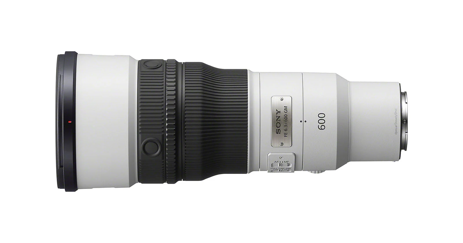 Білий телеоб'єктив Sony FE 6.3/600 GM, показаний збоку на білому тлі.