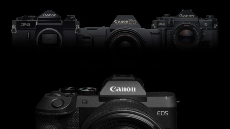 Композитне зображення, що показує три вінтажні плівкові камери Canon зверху та сучасну бездзеркальну камеру Canon EOS знизу на чорному тлі.