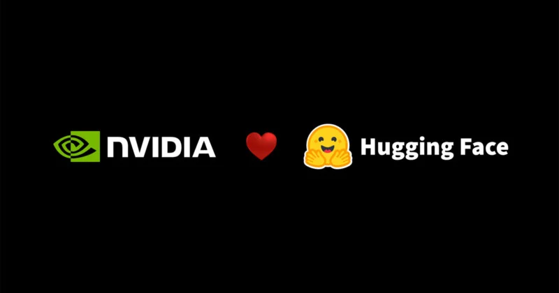 Логотип NVIDIA, червоне серце, емодзі Hugging Face та напис «Hugging Face» на чорному тлі.