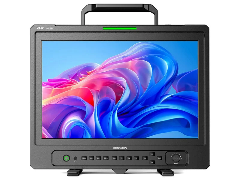 Професійний OLED-монітор Desview 4K з ручкою для перенесення, що відображає барвистий абстрактний екран та передню панель керування з кнопками та диском меню.