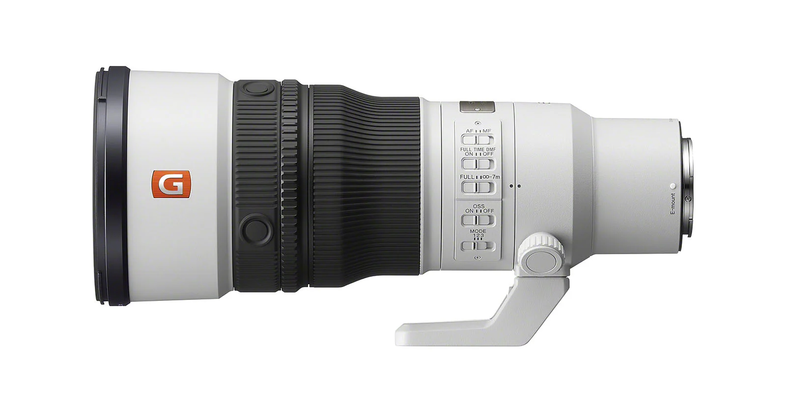 Білий телеоб'єктив для камери Sony E-mount, показаний збоку.