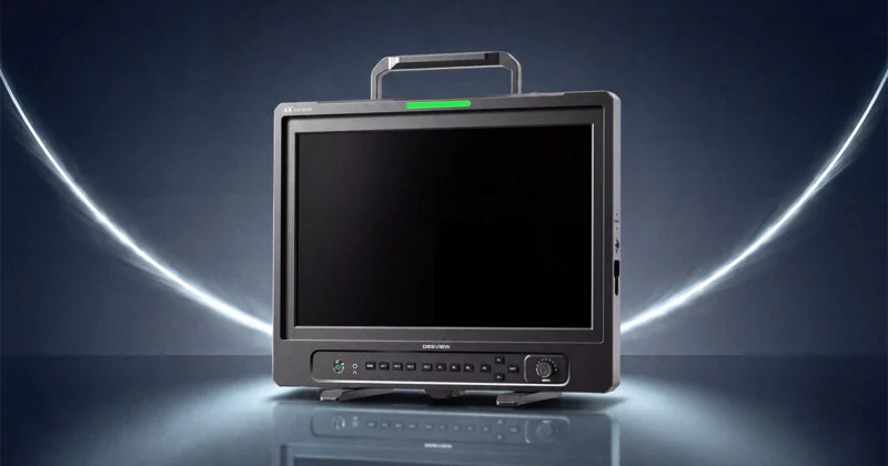 Професійний OLED-монітор Desview 4K 12G з ручкою для перенесення стоїть на дзеркальній поверхні на темному тлі з мерехтливими світловими смугами.