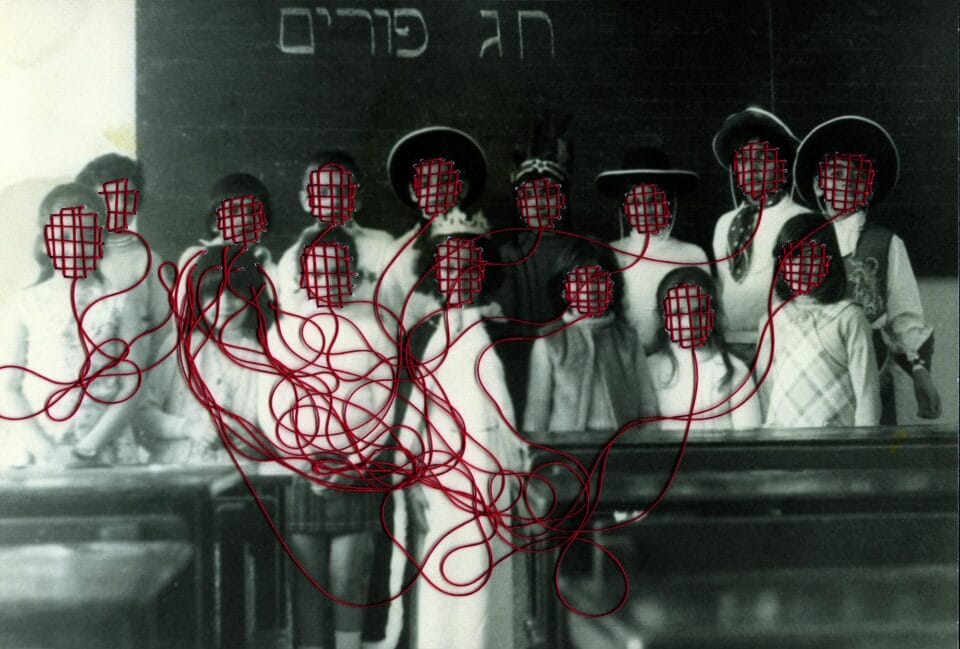 an image by Carolle Bénitah of an aged group photograph of several young girls. each of their faces is covered with red embroidered thread