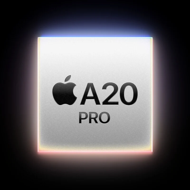 Квадратний значок чипа з металевою текстурою, що містить логотип Apple, текст "A20" і "PRO", сяє м'яким, різнокольоровим світлом.