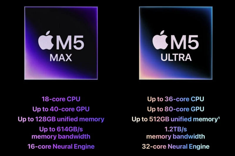 Порівняльна таблиця технічних характеристик чипів Apple M5 Max і M5 Ultra, що деталізує їхні ядра CPU, GPU, пам'ять та рушії.