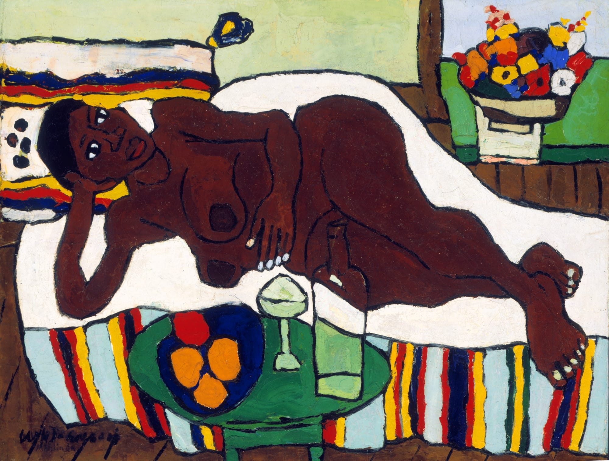 a stylized painted portrait of a nude Black woman