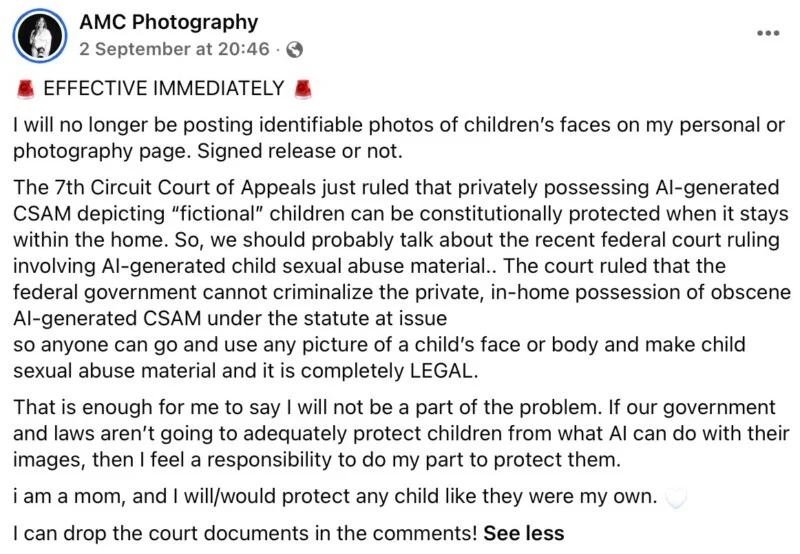 Публікація на Facebook від AMC Photography, що оголошує про політику припинення публікації фотографій дітей через занепокоєння щодо ШІ.