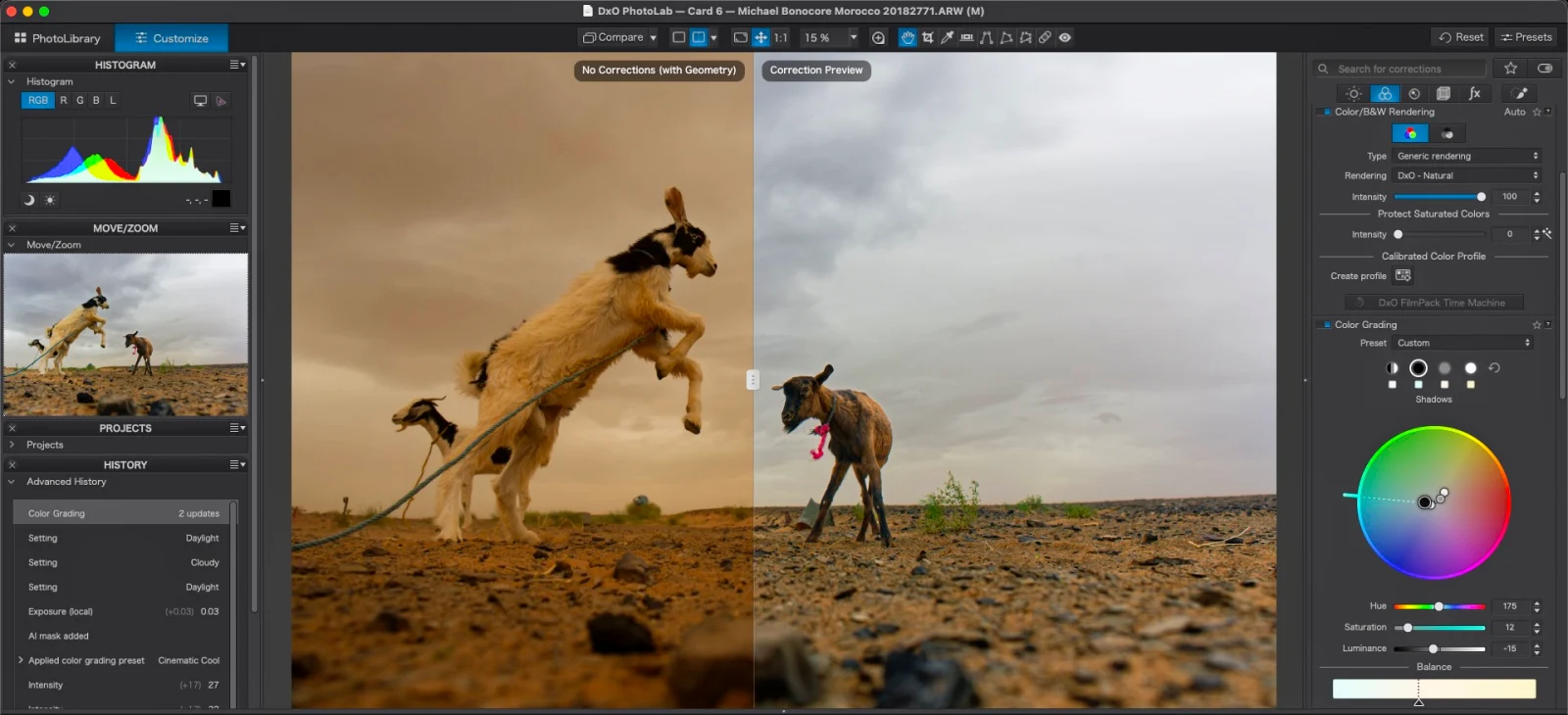 Розділений екран у програмі DxO PhotoLab показує необроблене, тепле зображення козлів, що стрибають, ліворуч, та відкориговану, більш холодну версію праворуч.