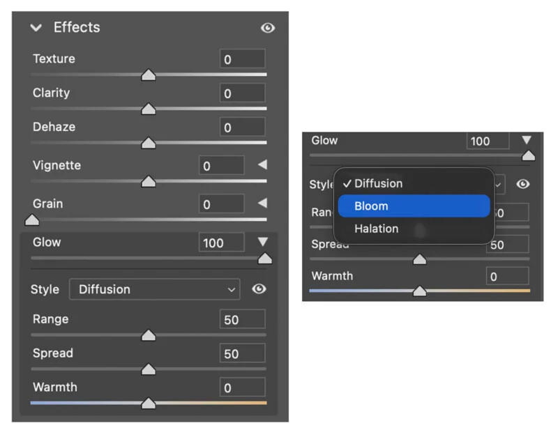 Інтерфейс Adobe Camera Raw з панеллю Ефекти, яка містить повзунки для текстури, чіткості, видалення димки, віньєтки, зернистості та сяйва, а також випадаюче меню для стилів сяйва: Дифузія, Цвітіння та Гало.