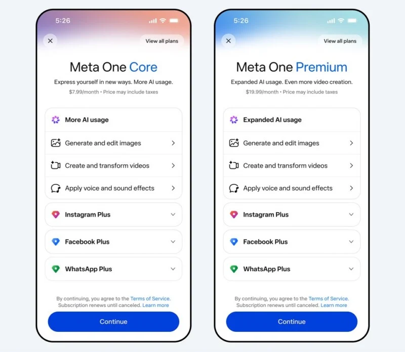 Два екрани смартфонів поруч, що показують варіанти планів підписки Meta One Core за 7,99 доларів/місяць та Meta One Premium за 19,99 доларів/місяць.