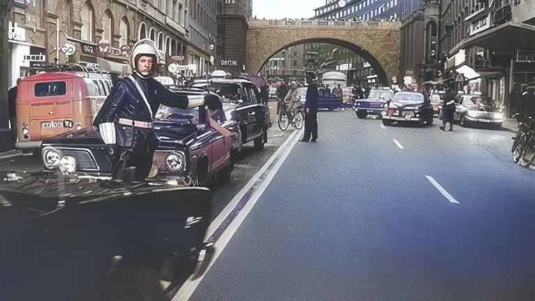 A vintage colorized photograph of a street in sweden as people switch from driving on one side to the other. A police officer directs traffic.