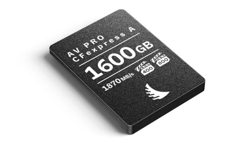 Карта пам'яті Angelbird AV PRO CFexpress Type A ємністю 1600 ГБ зі швидкістю 1870 МБ/с та рейтингами VPG 400 і 800.