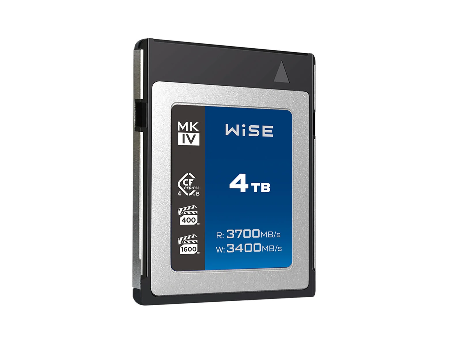 Карта пам'яті Wise MK IV CFexpress 4.0 Type B об'ємом 4 ТБ, що демонструє швидкість читання 3700 МБ/с і швидкість запису 3400 МБ/с.
