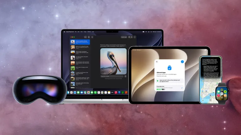 Apple's full range of devices on a space background.