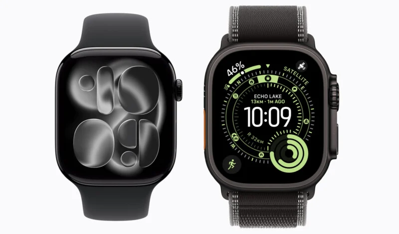 Два Apple Watch поруч: елегантна чорна модель з мінімалістичним абстрактним циферблатом ліворуч і міцна модель Ultra з детальним екраном даних із зеленими акцентами праворуч.