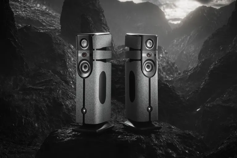 The Focal Diva Alta Utopia integrated active loudspeakers against a virtual otherworldly background