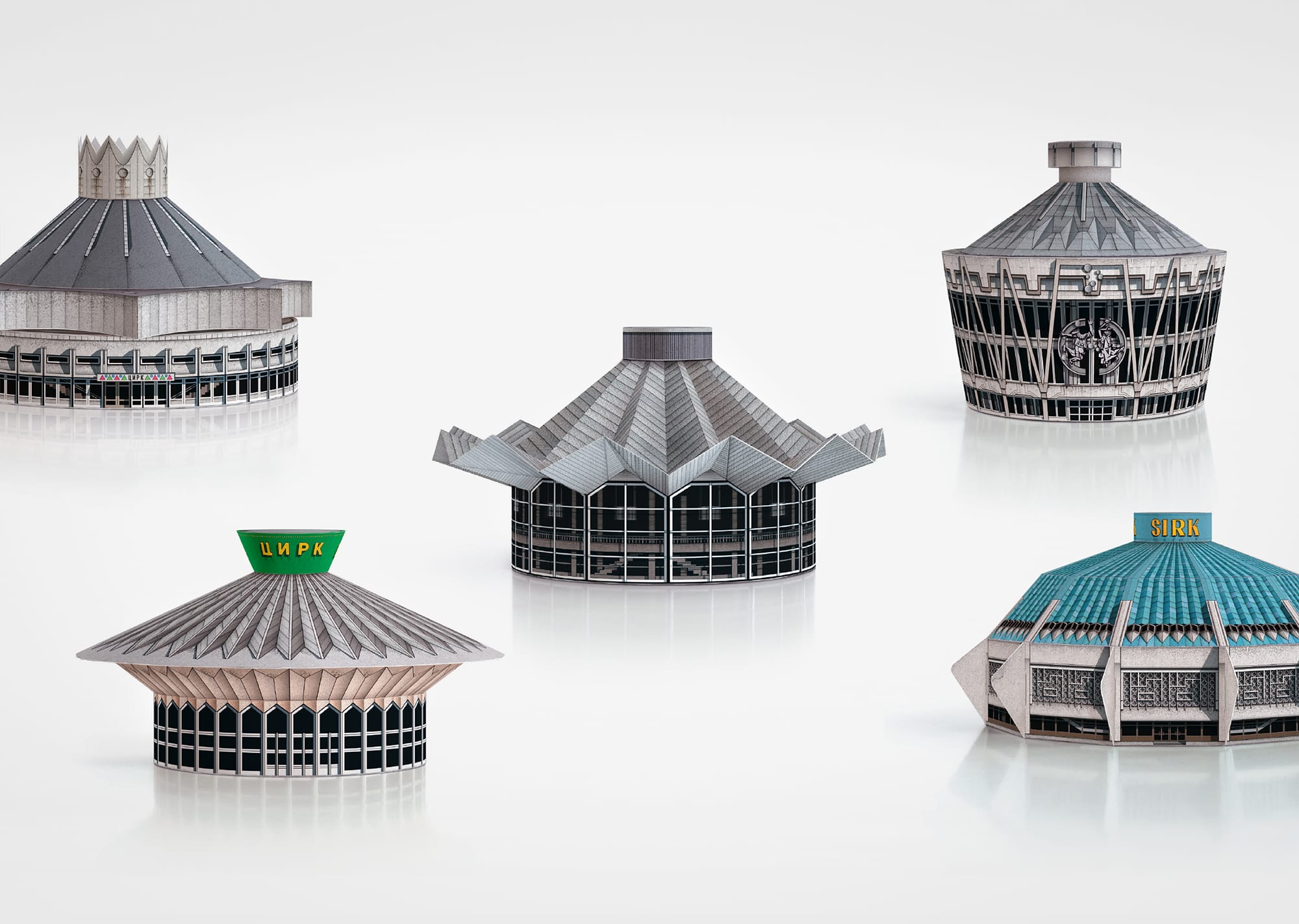paper models of round brutalist buildings