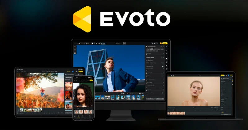 Логотип Evoto розміщено над настільним монітором, ноутбуком, планшетом та смартфоном, які відображають інтерфейс програмного забезпечення.