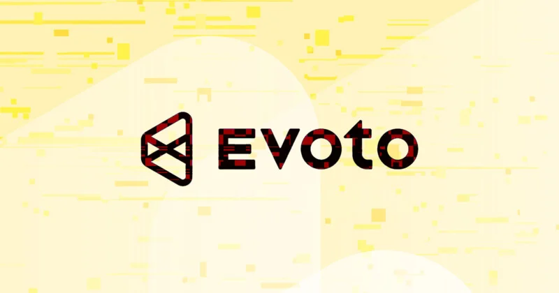 Логотип Evoto та текст чорним і червоним на блідо-жовтому абстрактному геометричному тлі з різними жовтими лініями та формами.
