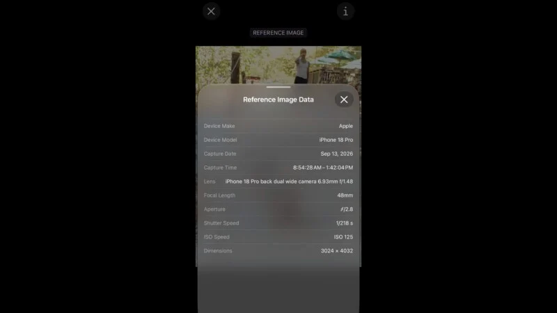 Спливаюче вікно з назвою Reference Image Data відображає технічні налаштування камери для фотографії, включаючи модель пристрою, дату, час, об'єктив, фокусну відстань, діафрагму, витримку, ISO та розміри.